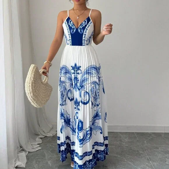 Blue And White Boho Women's Printed V-Neck Ruched Flared Hem Dress - Picture 5 of 6